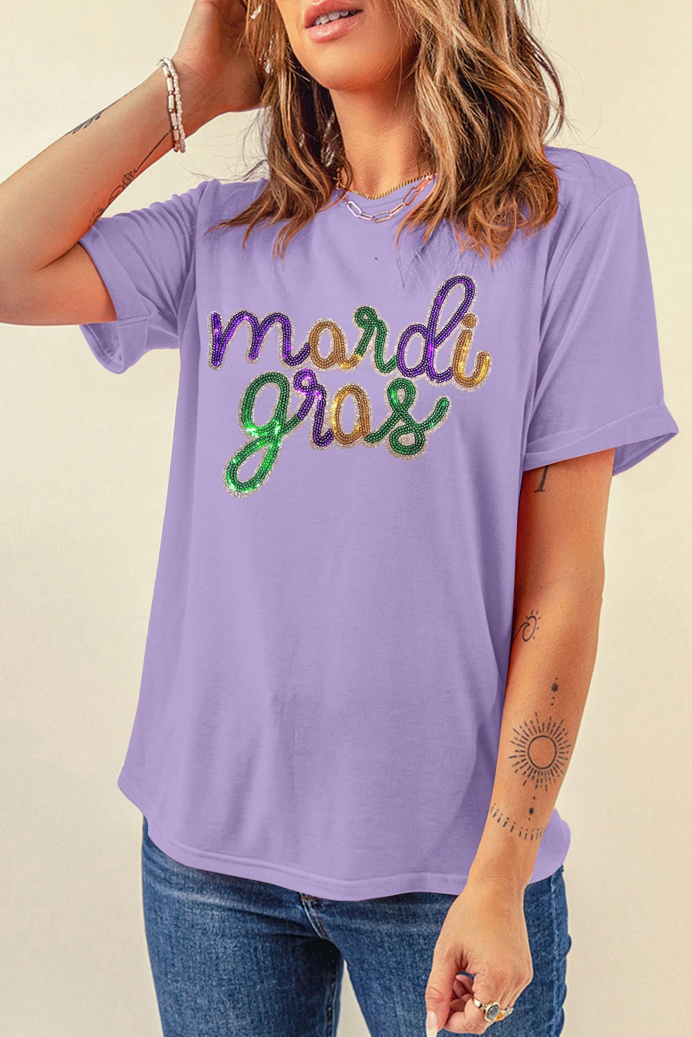 White Sequin mardi gras Graphic Shirt