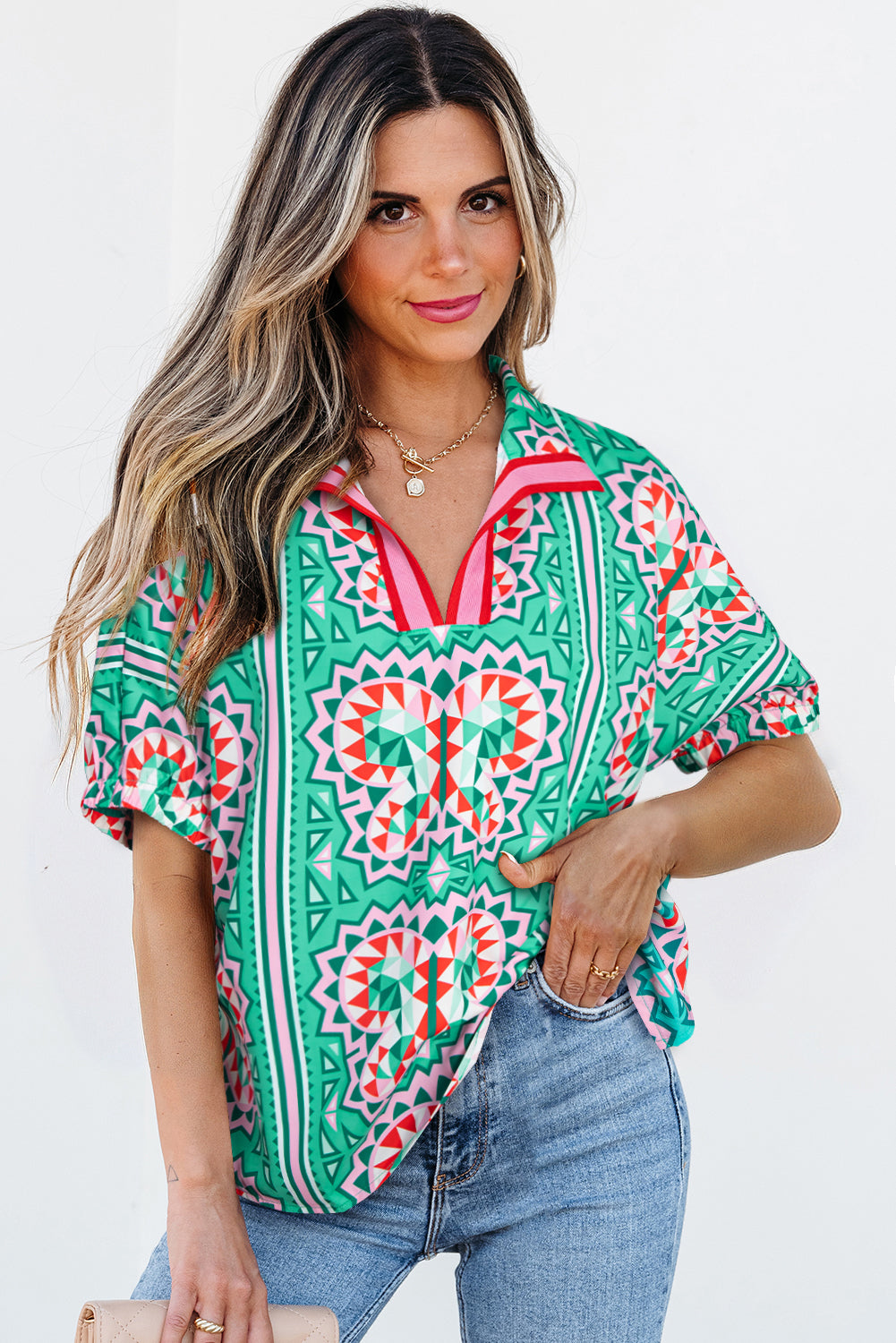 Sea Green Boho Abstract Print Contrast Striped Collared V Neck Blouse