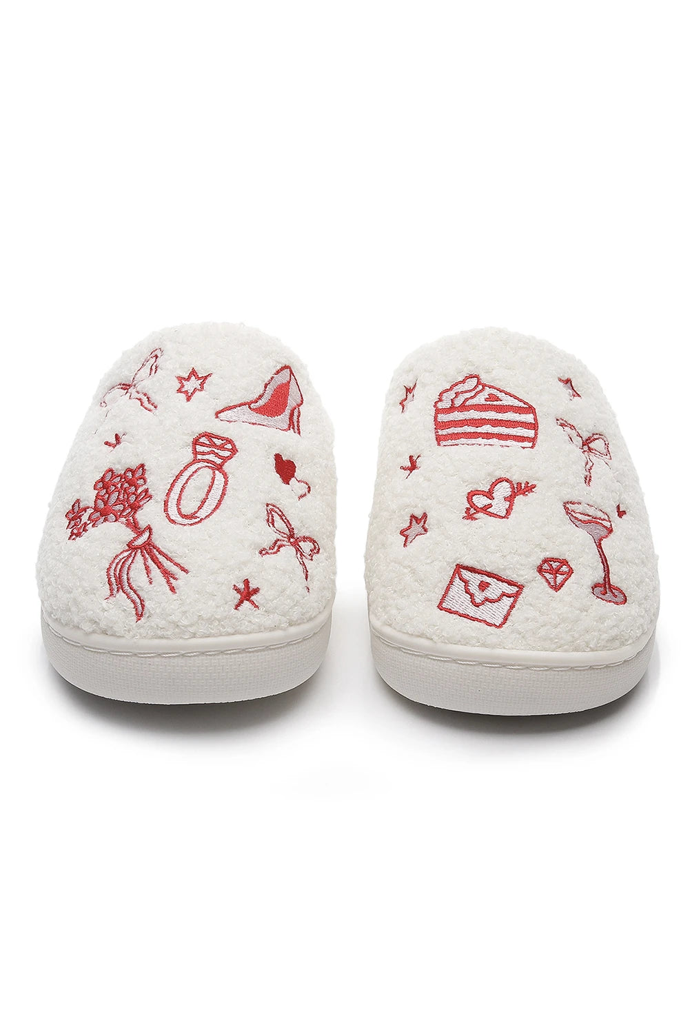 Fiery Red Plush Asymmetric Wedding Doodles Embroidered Slippers