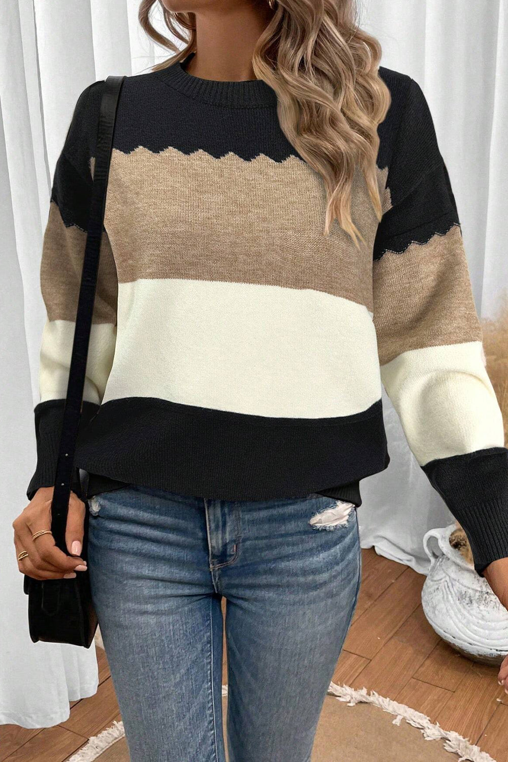Brown Colorblock Crew Neck Drop Shoulder Sweater