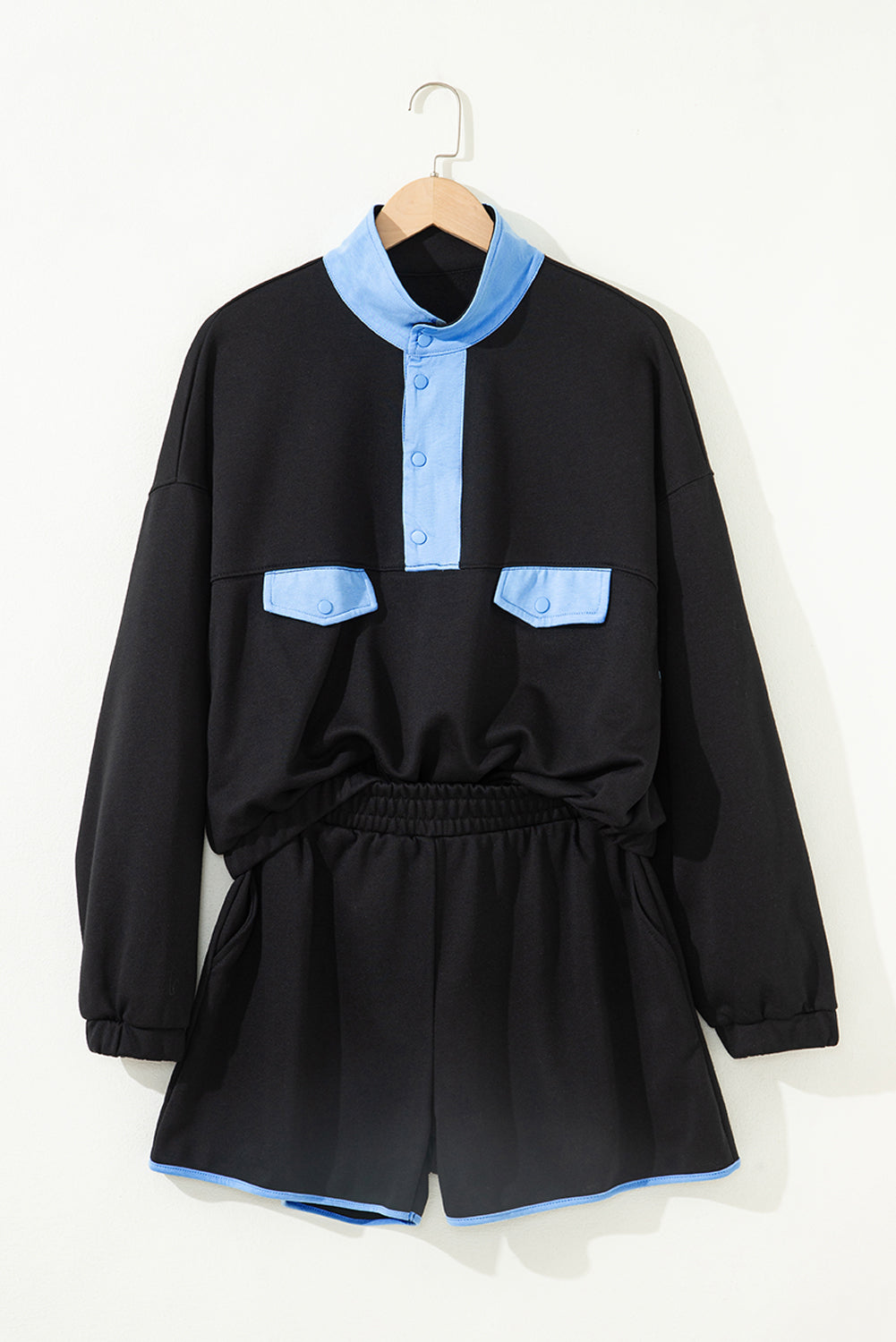 Yellow Color Block Patchwork Half Button Pullover and Shorts 2pcs Outfit