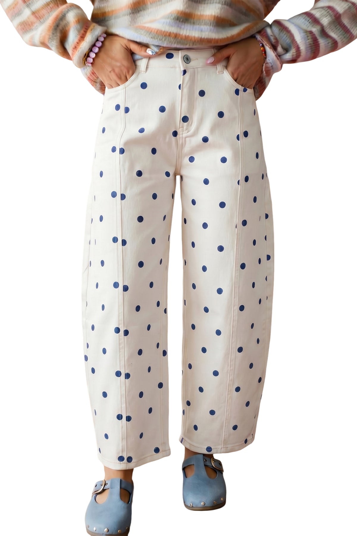 Polka Dot Cotton Jeans Casual High Waist Wide Leg