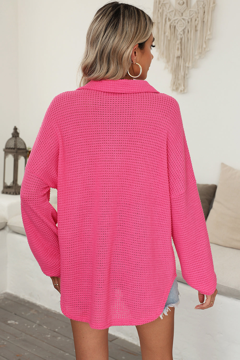 Solid Color Waffle Knit Oversized Henley Neck Top