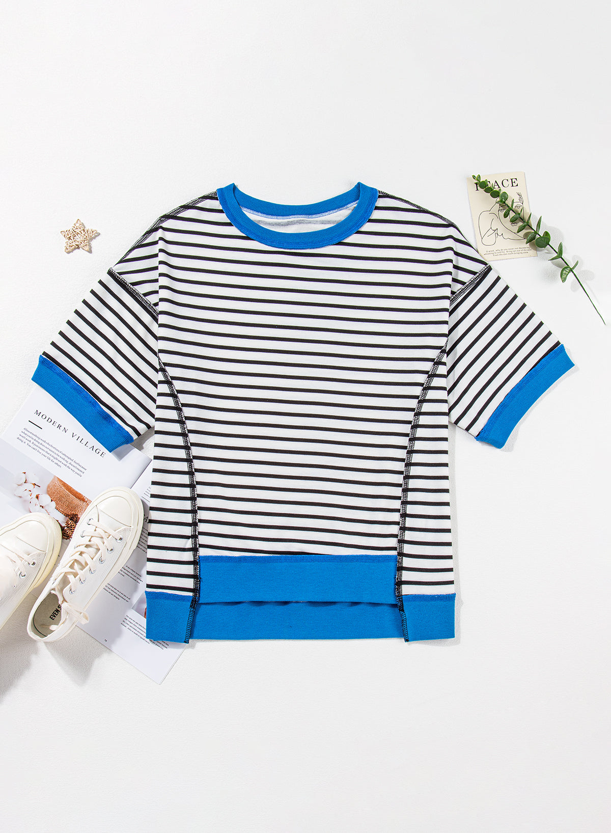 Striped Colorblocking Round Neck Short Sleeve Top Loose Shirt