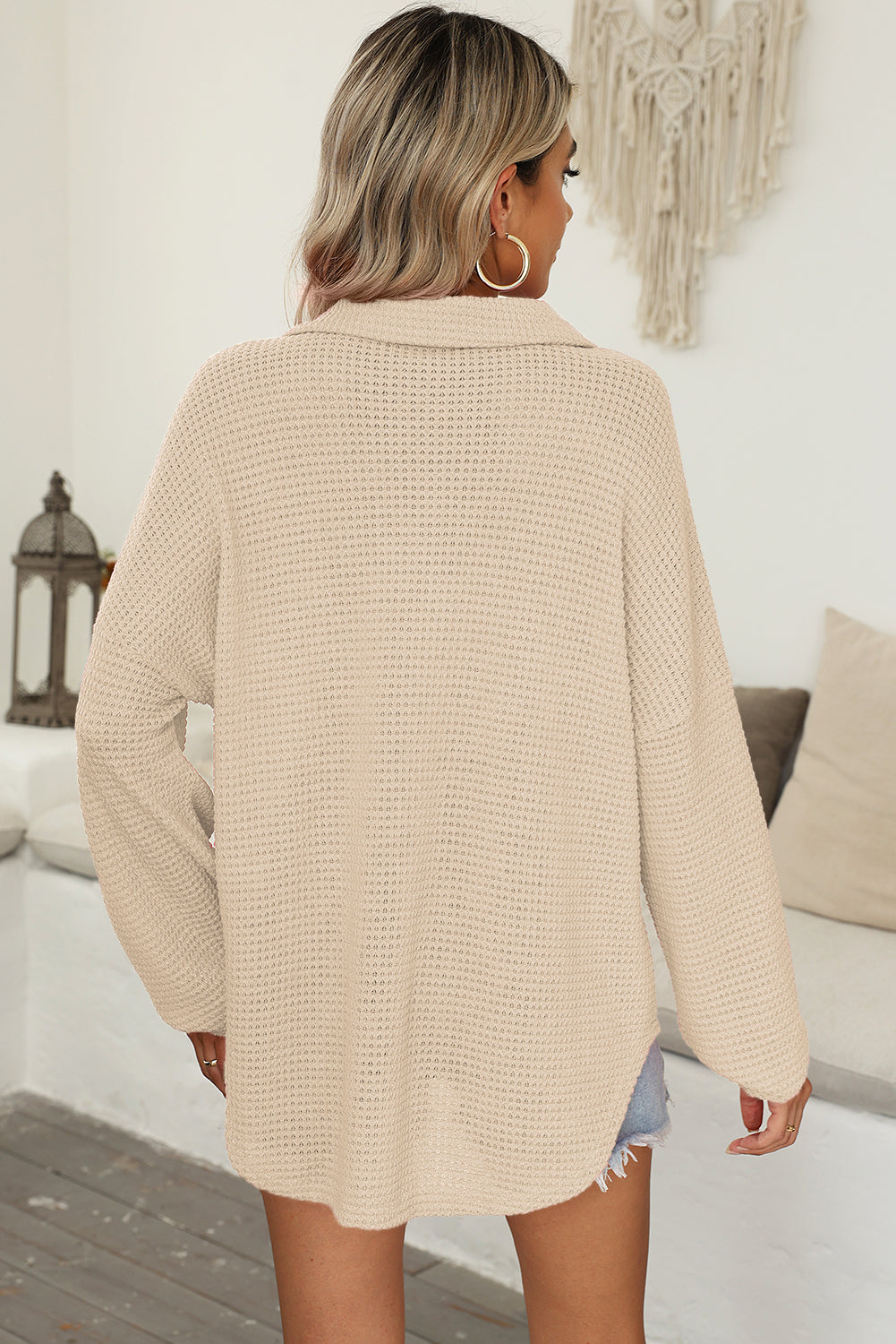 Solid Color Waffle Knit Oversized Henley Neck Top