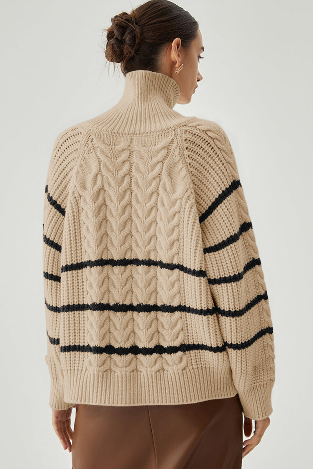 Stand Collar Cable Knit Stripe Cardigan