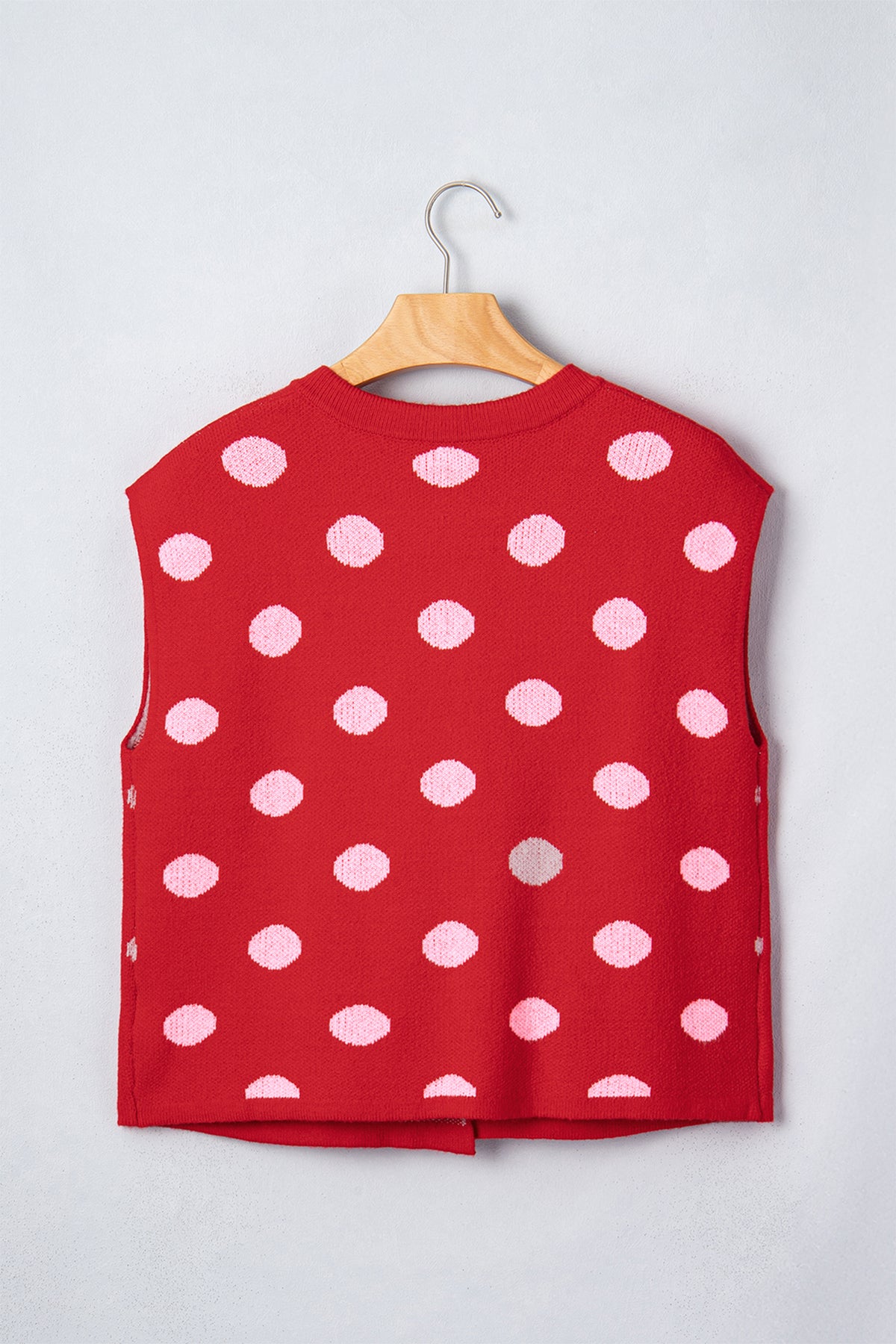 Red Polka Dot Sleeveless Knit Button Drop Shoulder Sweater Vest