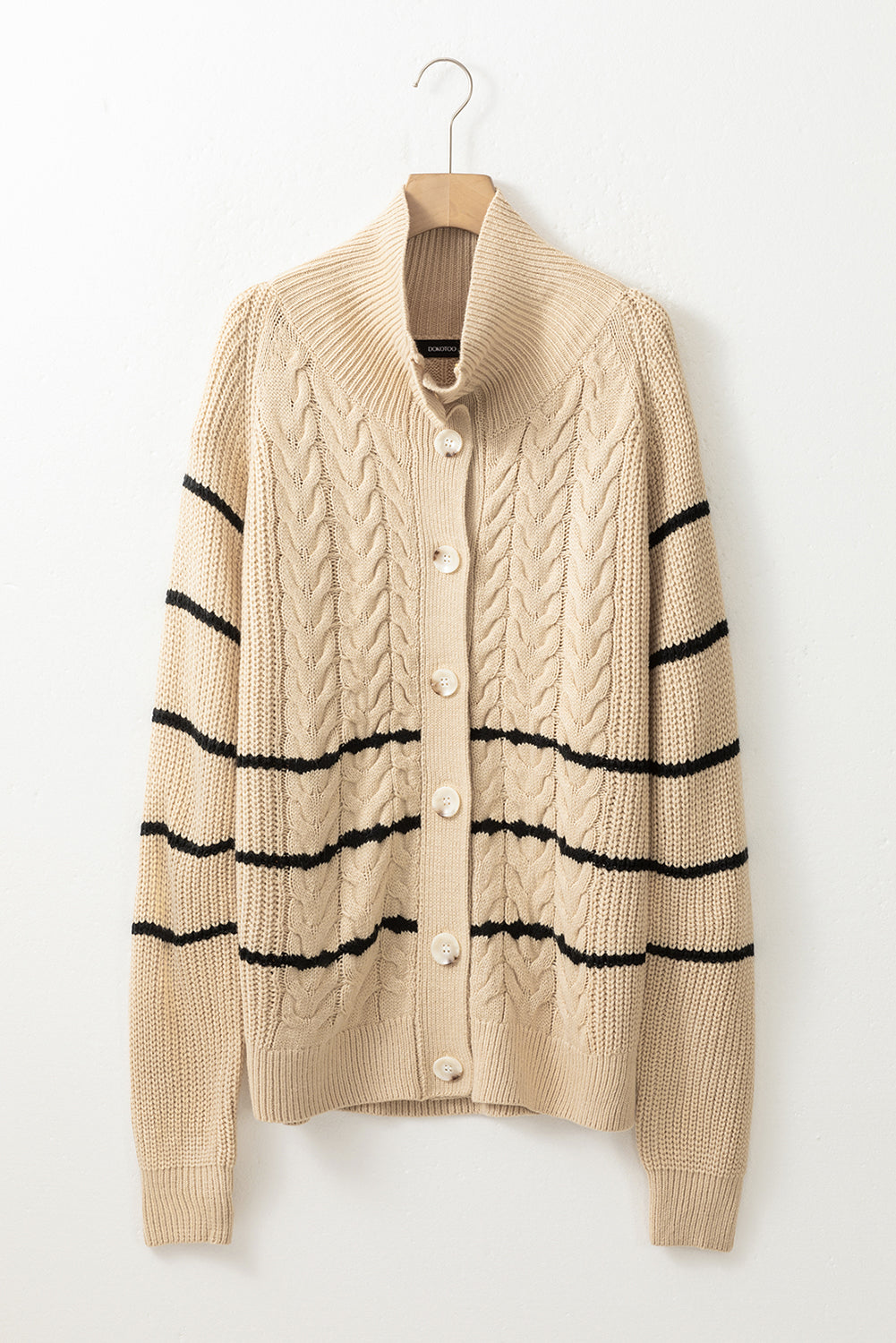 Stand Collar Cable Knit Stripe Cardigan