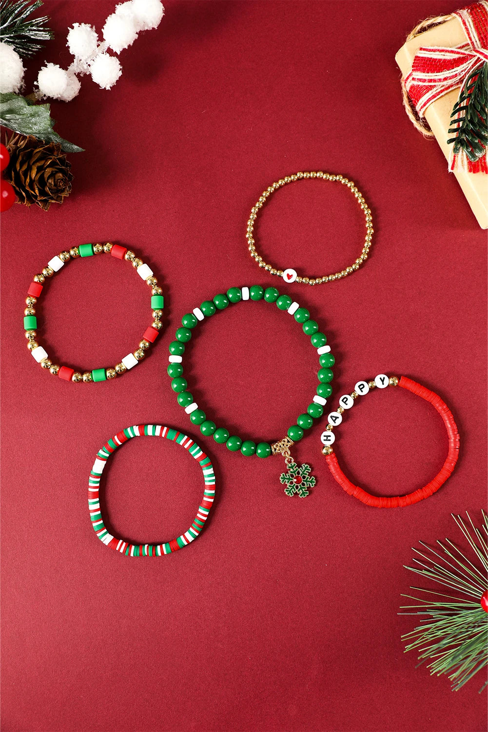 Gold Plated Multi Beading Christmas Snowflake 5pcs Bracelet Set