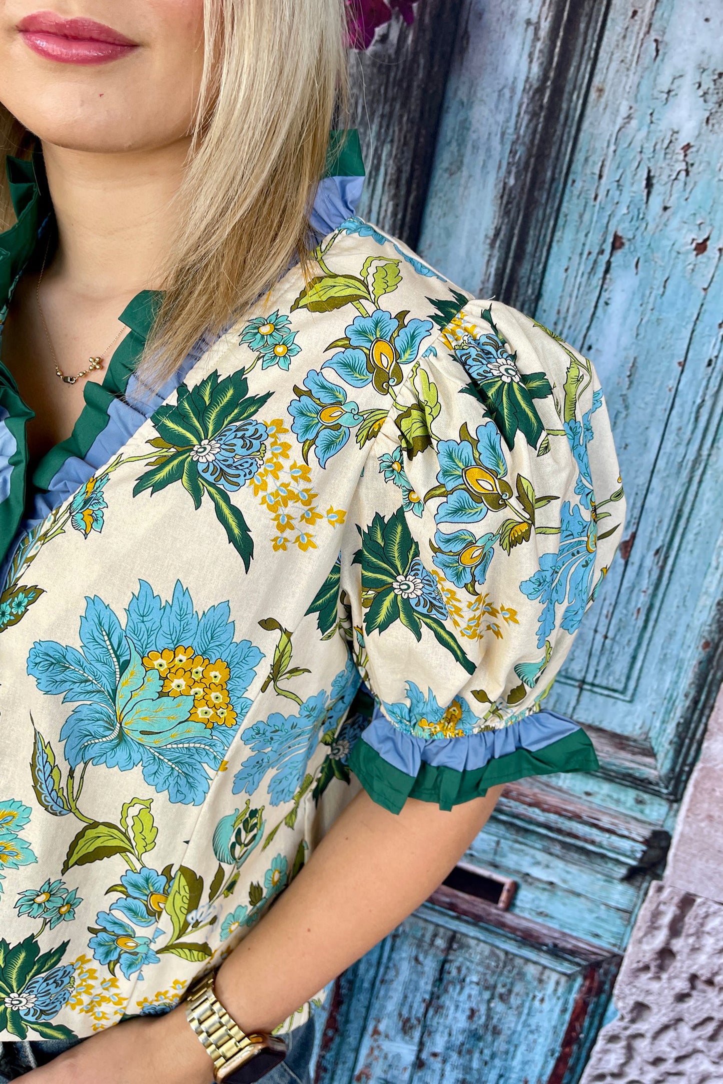 Sky Blue Plus Size Frilled V Neck Short Sleeve Floral Blouse
