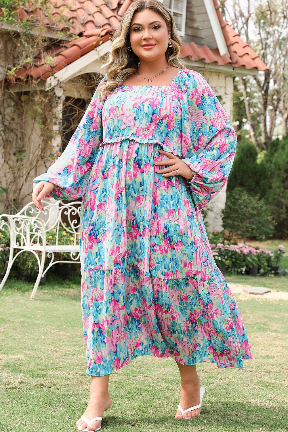 Sky Blue Floral Allover Print Shirred Square Neck Plus Size Maxi Dress