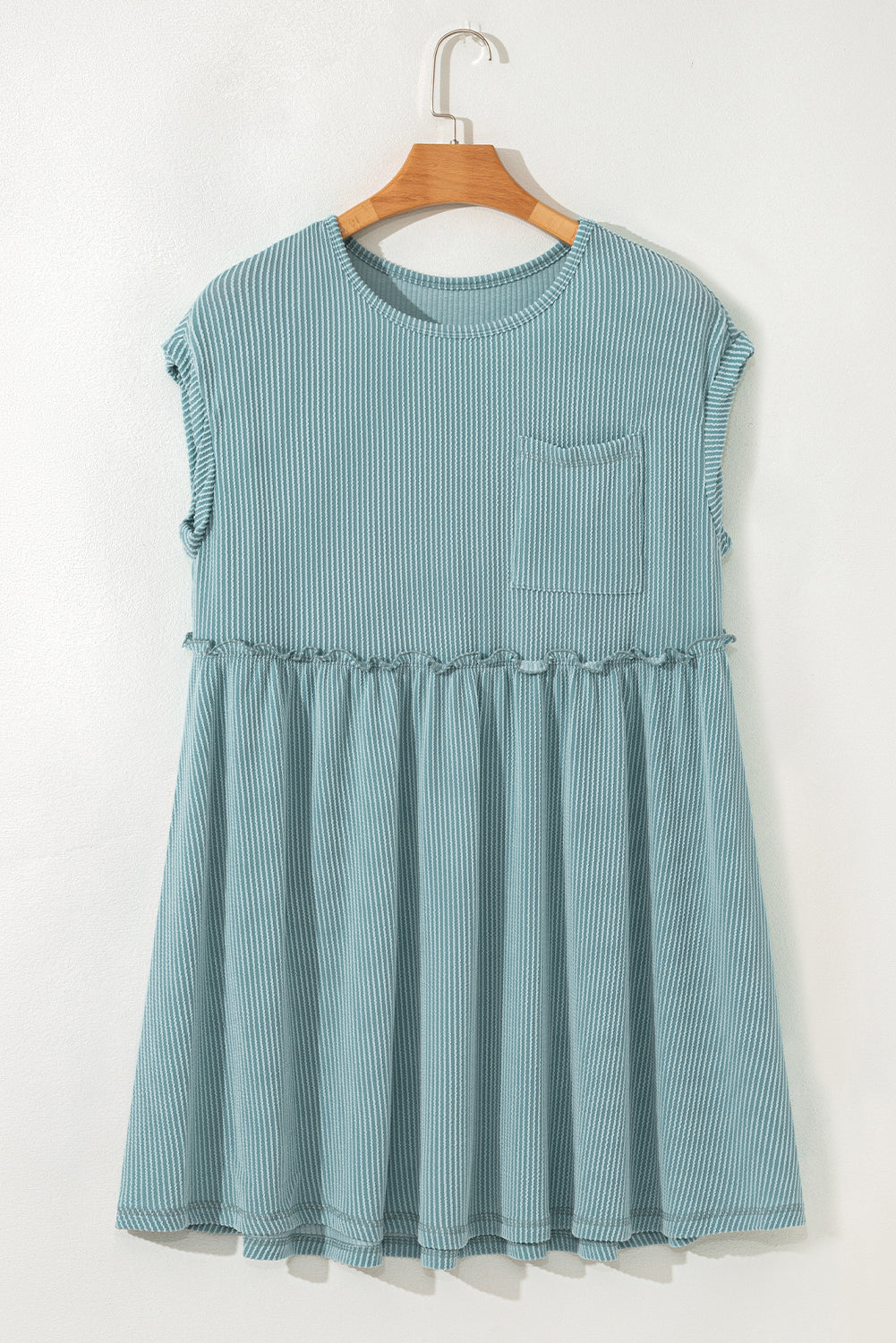 Dusty Pink Corded Knit Textured Patched Pocket Frilled Swing Mini Dress with Pockets