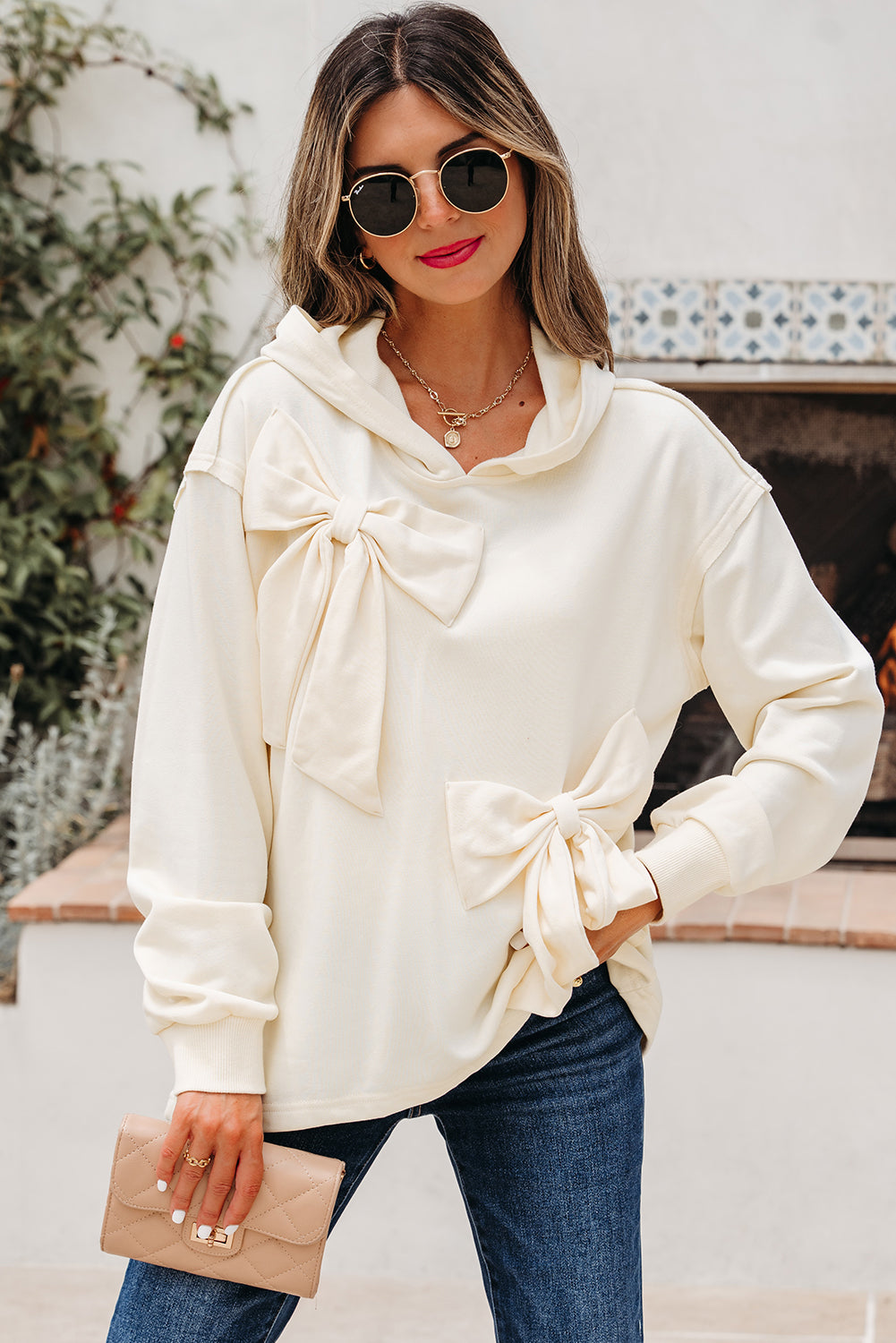 White Solid Color Cute Bow Detail Loose Hoodie
