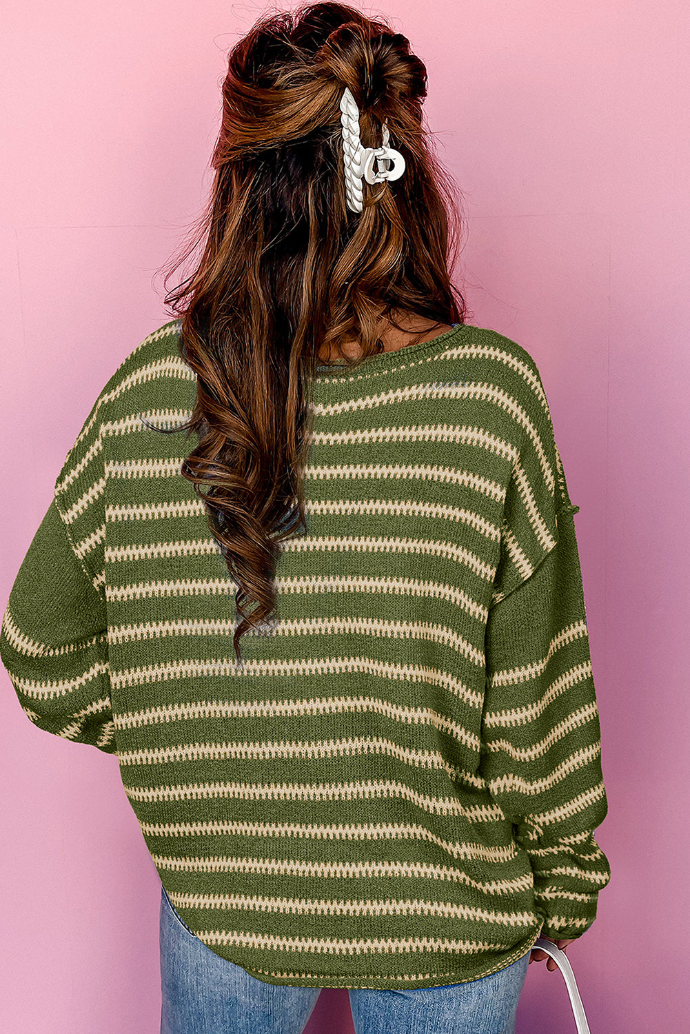 Solid Color Stripe Drop Shoulder Casual Sweater