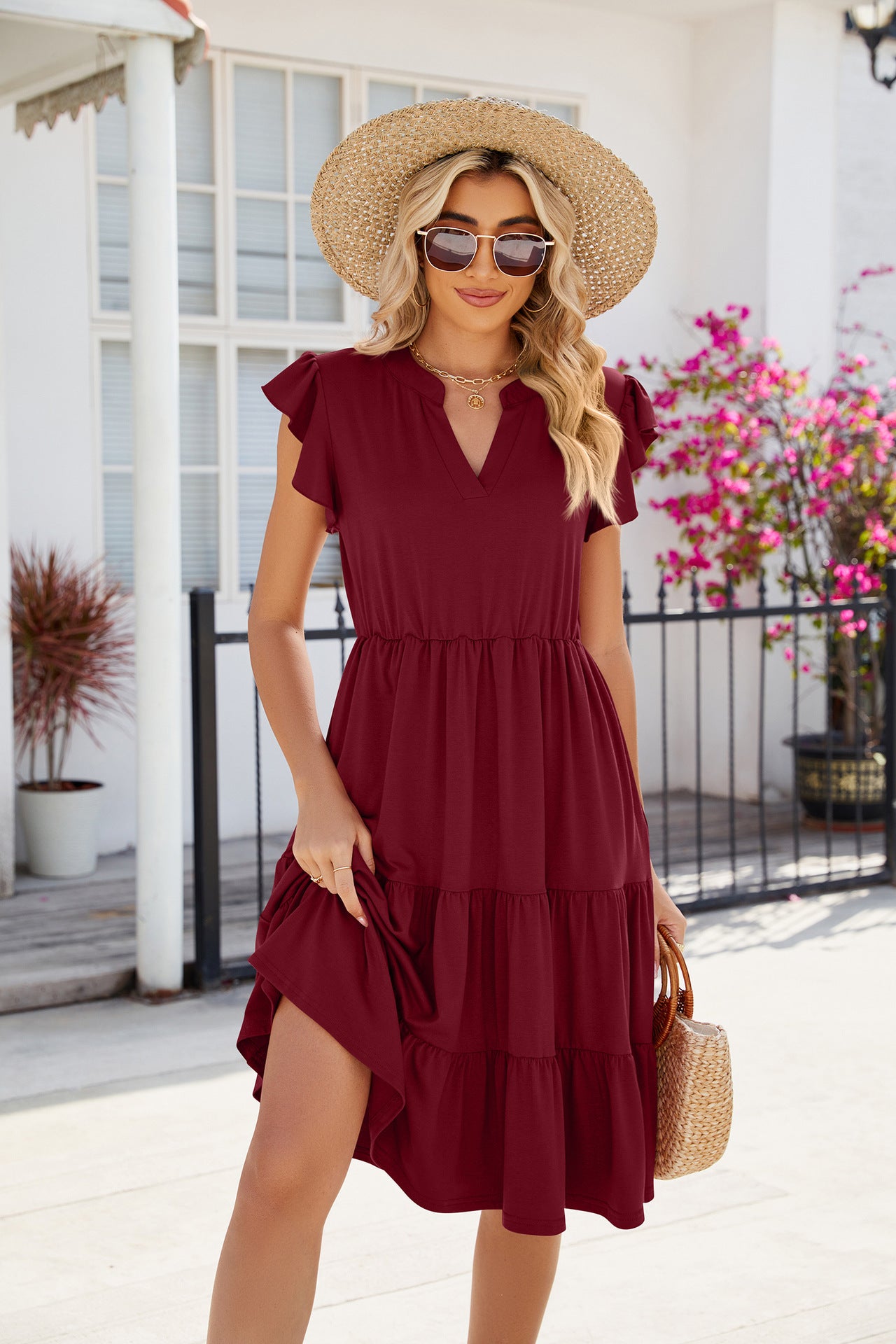 Women’s V-Neck Short Sleeve Tiered Midi Dress