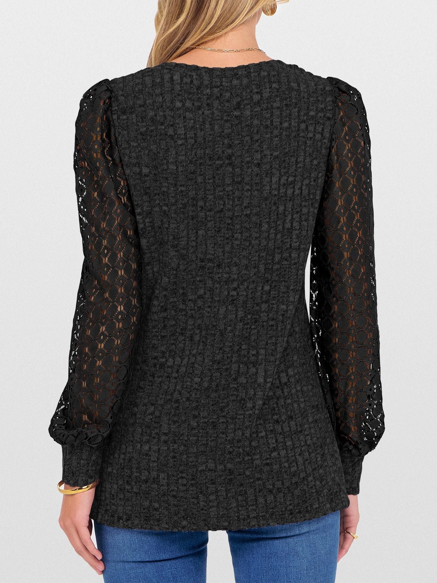 V-Neck Knit Top with Lace Puff Long Sleeves