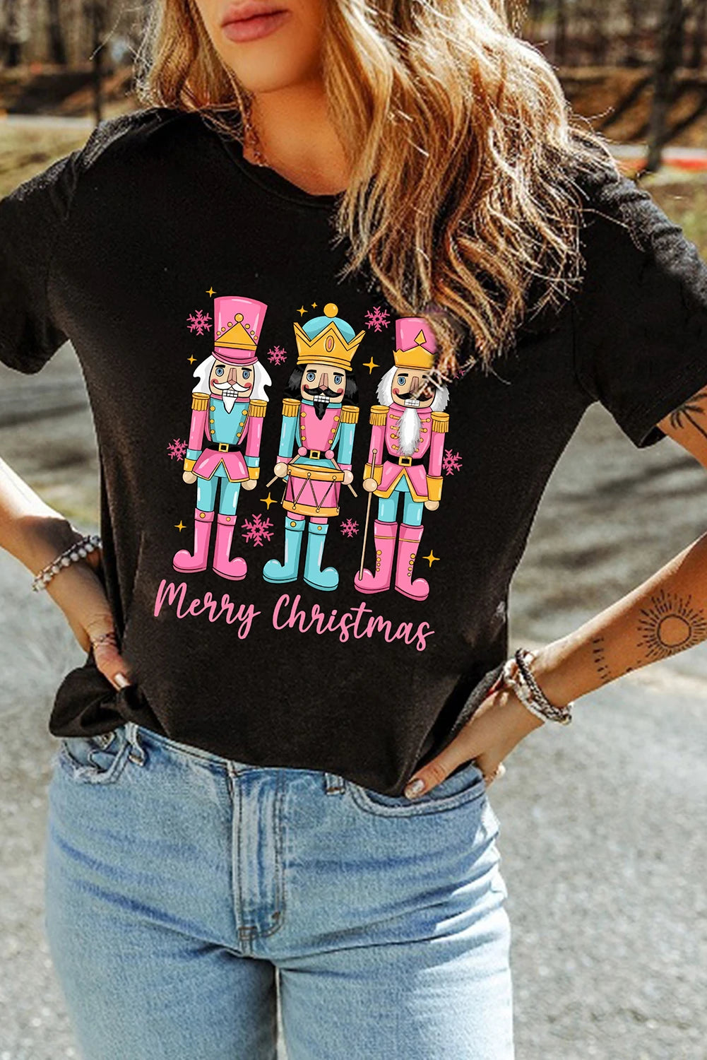 Black Merry Christmas Nutcracker Doll Printed T Shirt