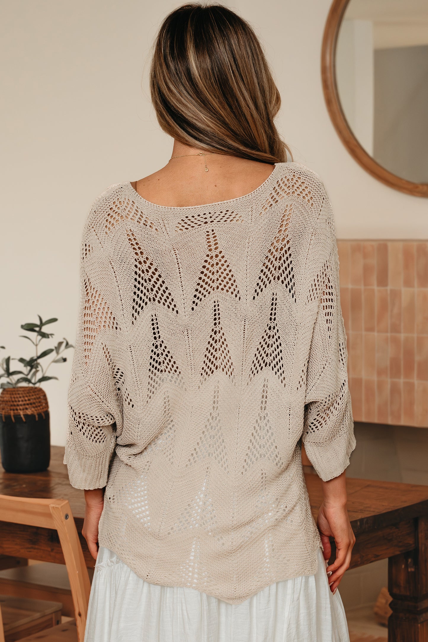 Parchment Hollow Out Knit 7/8 Sleeve Casual Sweater