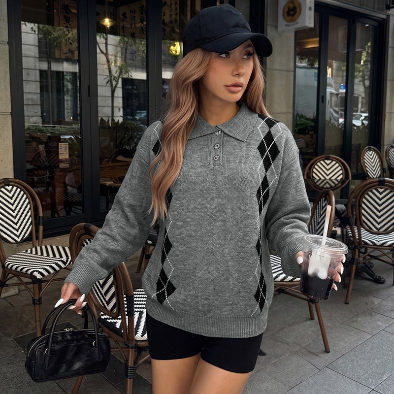 Vintage Argyle Collared Sweater Women Oversized