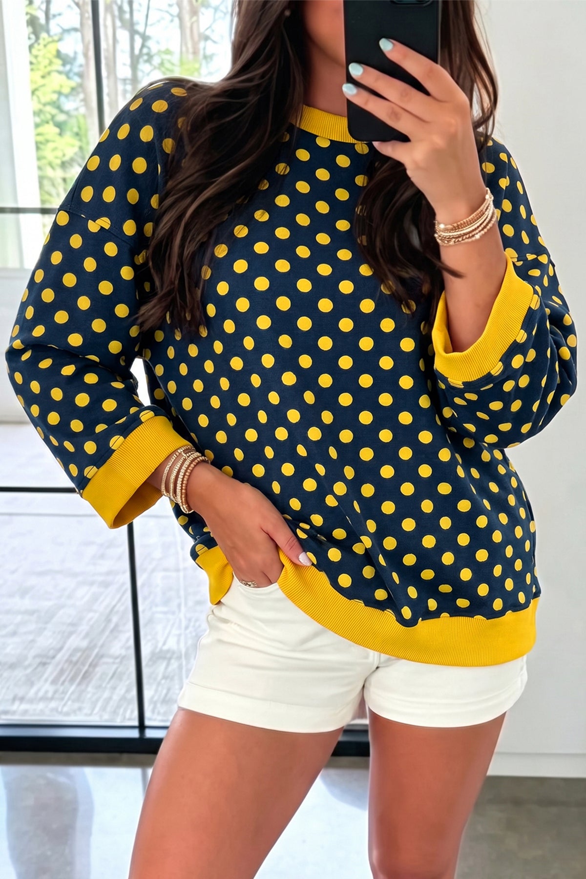 Blue Polka Dot Print Contrast Trim Round Neck Bracelet Sleeve Top
