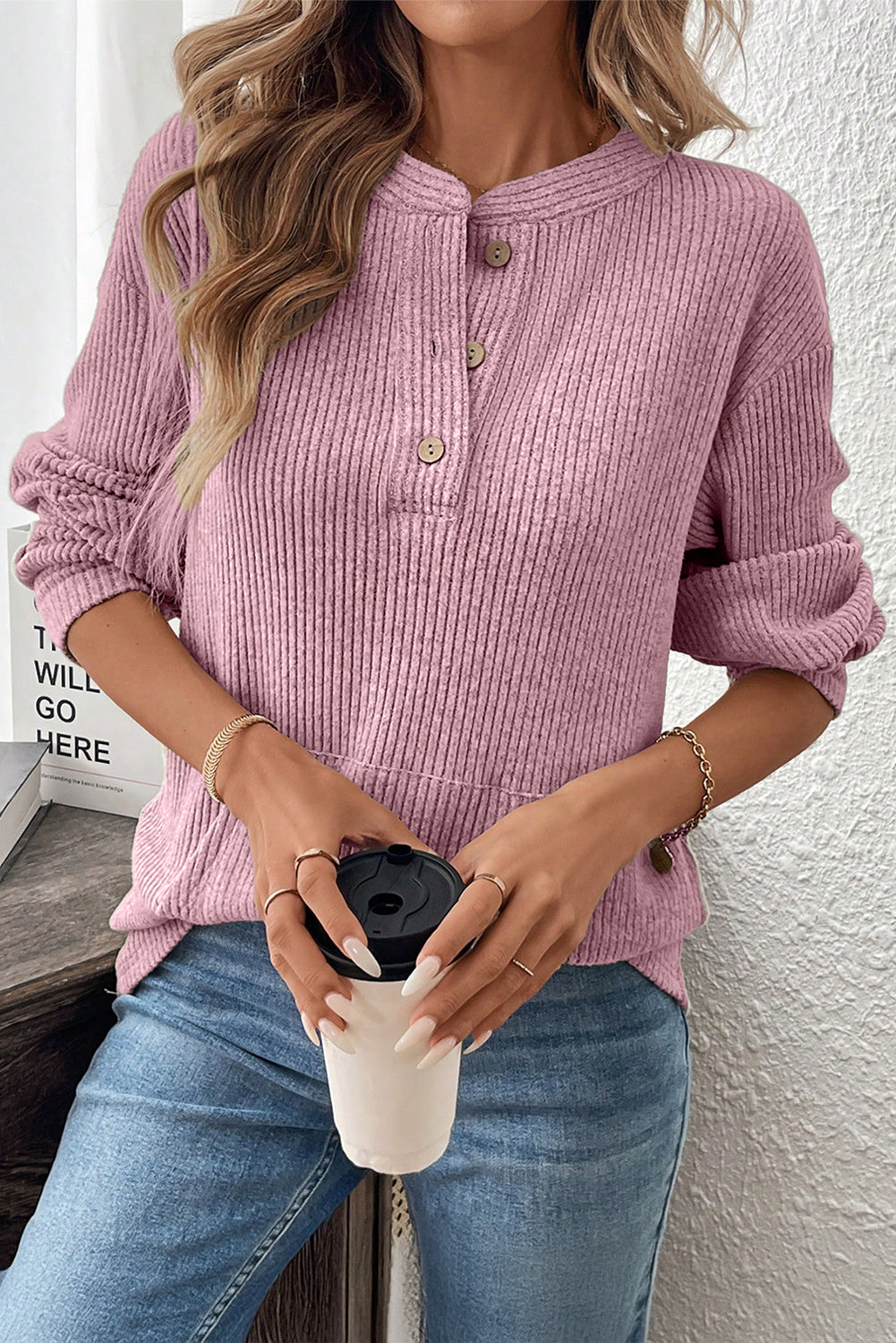 Ribbed Texture Drop Shoulder Henley Knit Top