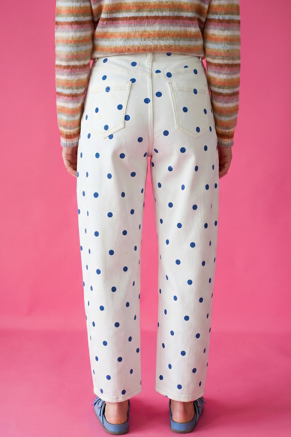 Polka Dot Cotton Jeans Casual High Waist Wide Leg