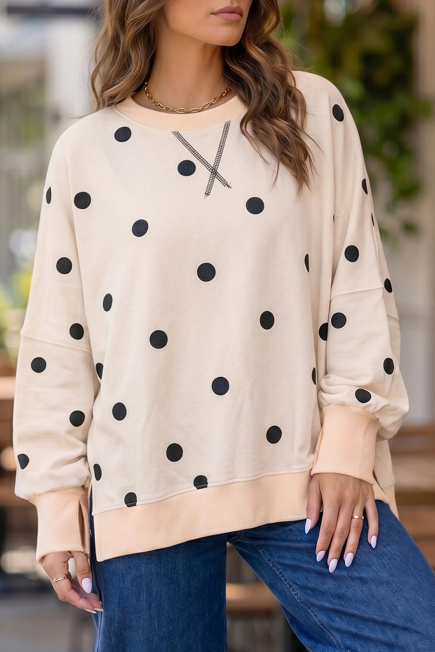 Loose-fit Long Sleeve Round Neck Polka Dot Tunic Sweatshirt
