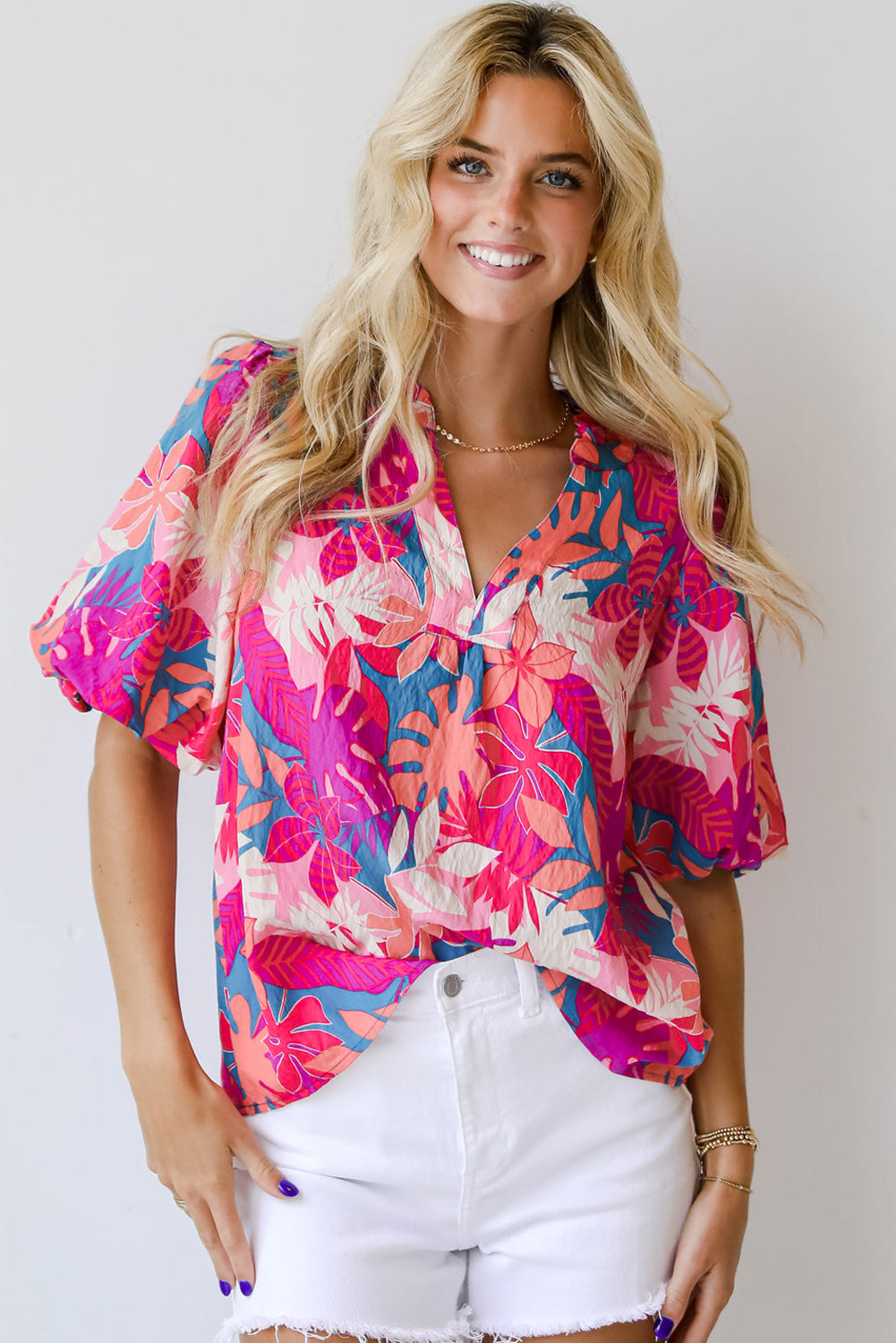 Rose Tropical Plant Printed V Neck Puff Sleeve Blouse