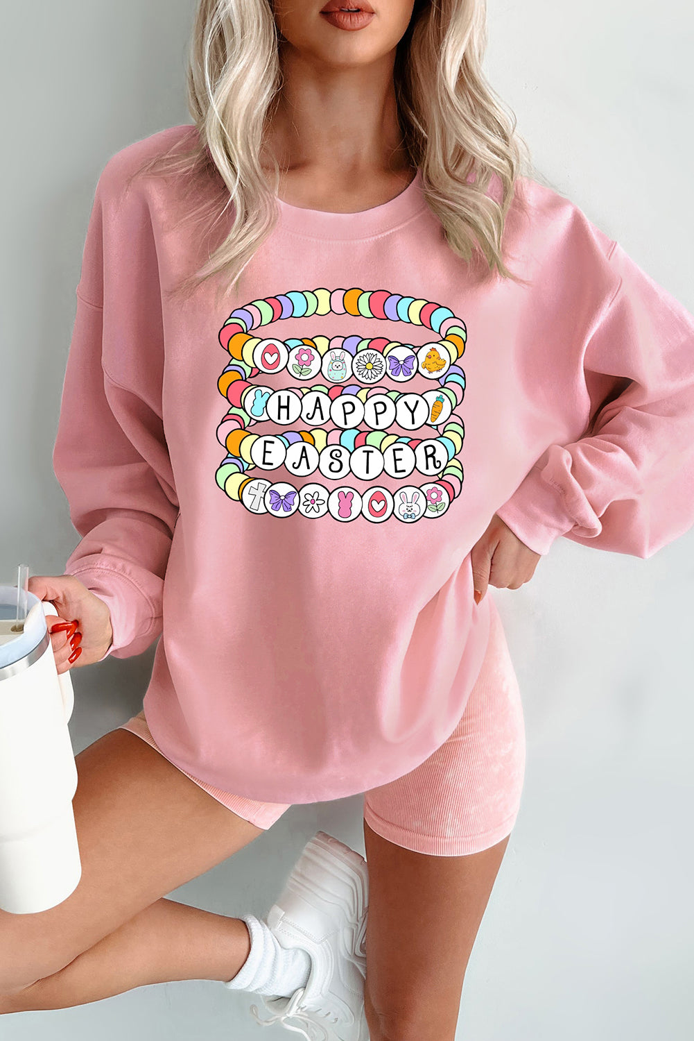 Pink Happy Easter Bracelet Print Drop Shoulder Sweatshirt