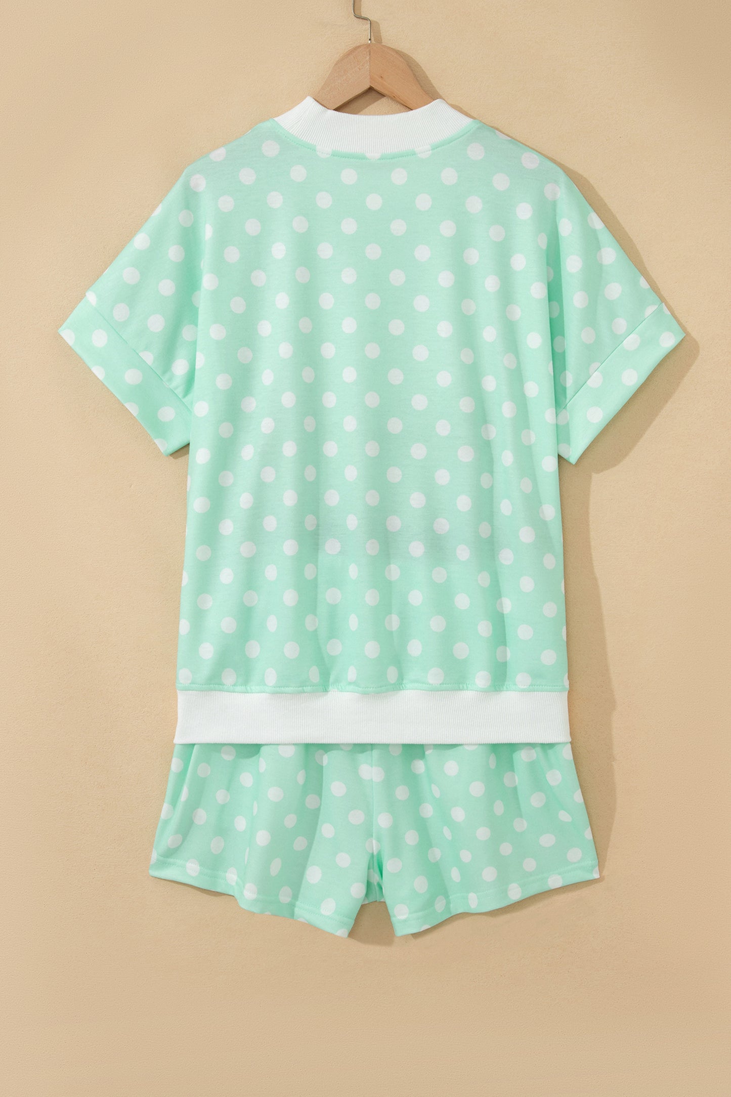 Sky Blue Polka Dot Print Color Block Trim Mock Neck Short Set