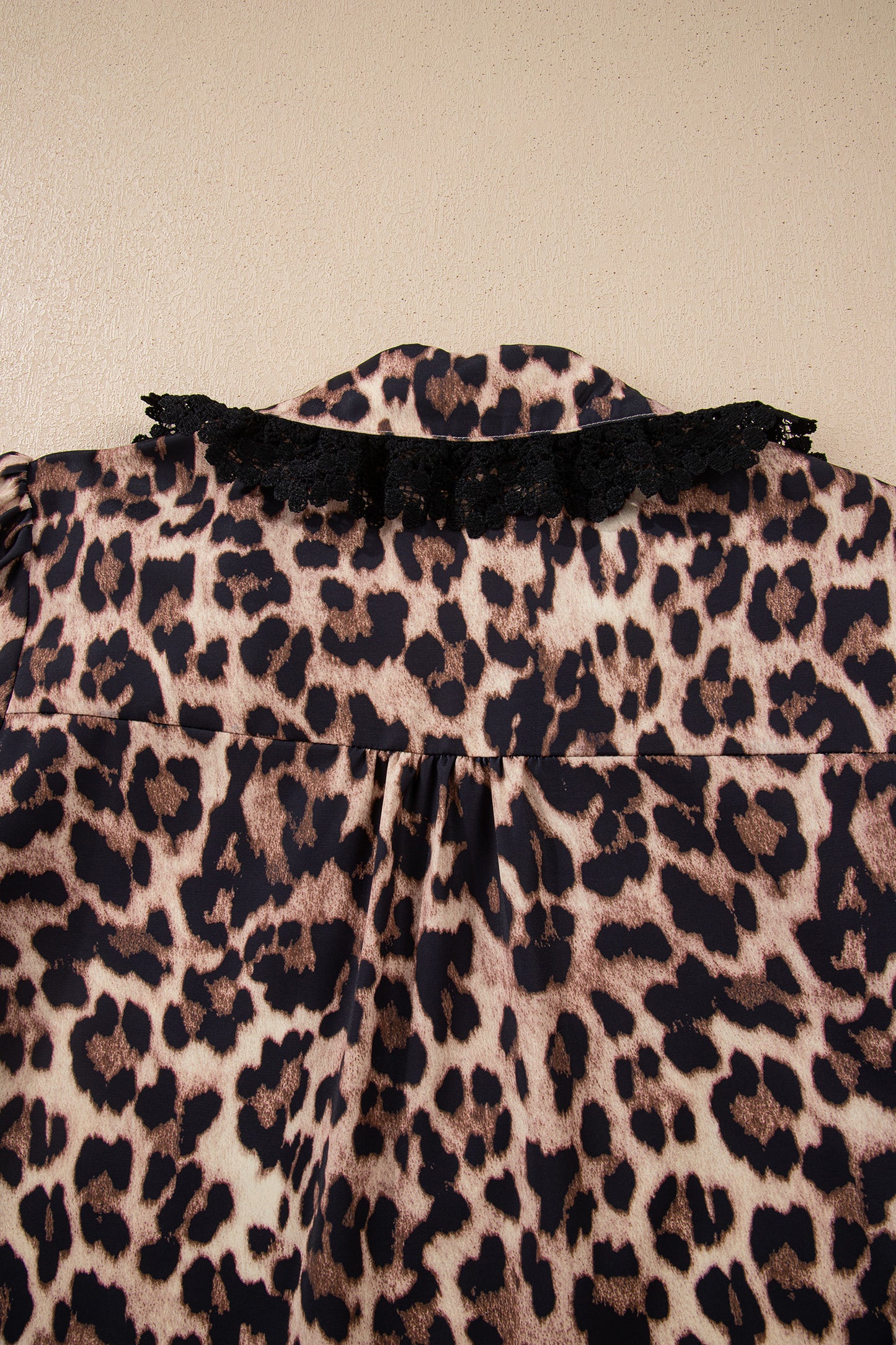 Brown Leopard Print Button Down Lace Trim Short Sleeve Shirt