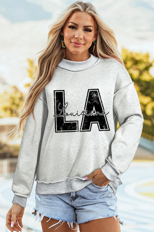 Light Grey LA Letter Print Reversible Double Wear Mock Neck Sweatshirt