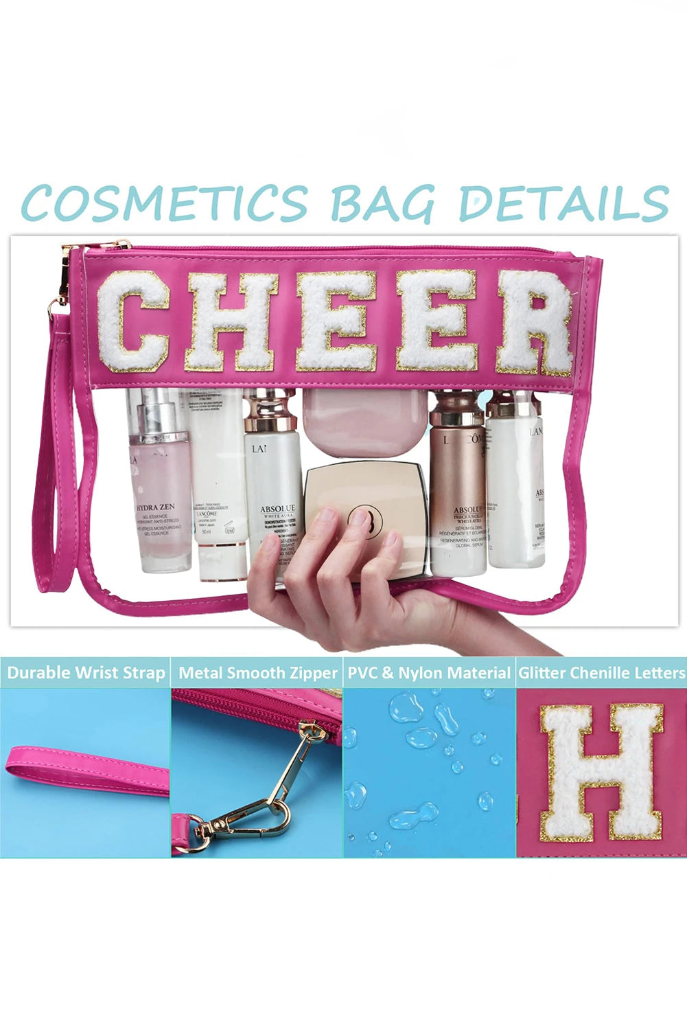 Chenille Letter PU Leather Patchwork Clear Makeup Bag