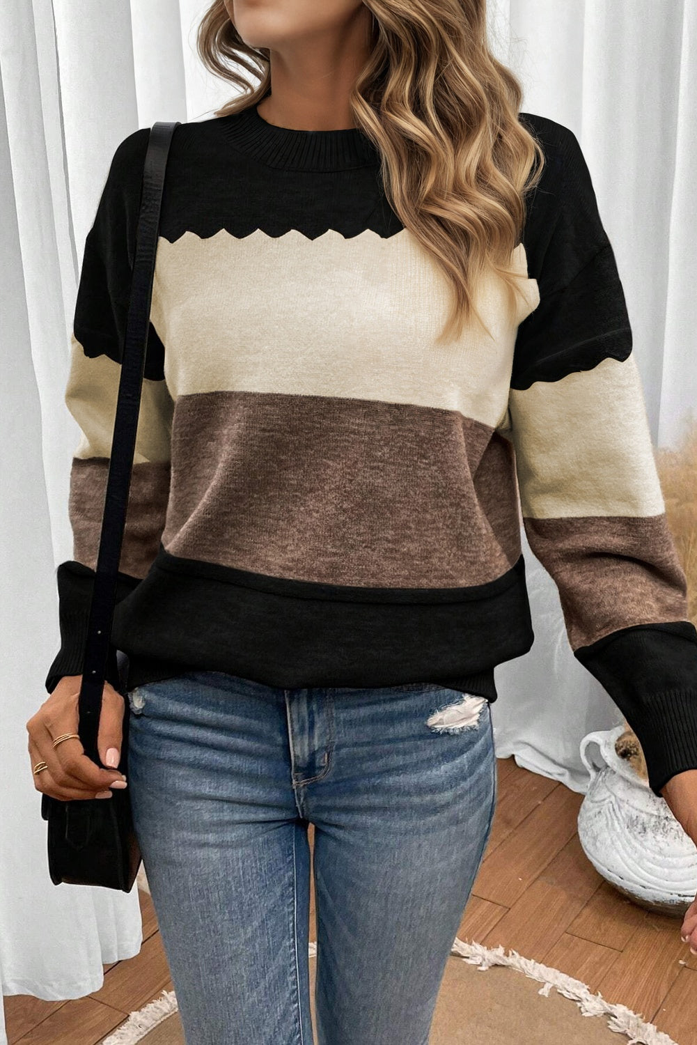 Brown Colorblock Crew Neck Drop Shoulder Sweater