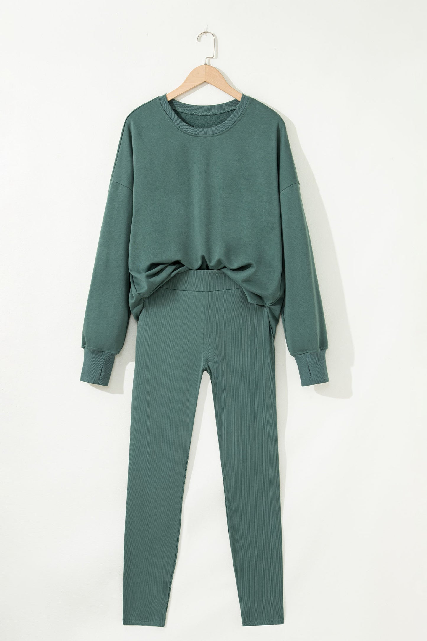 Jet Stream Solid Color Oversize Slit Sweatshirt Ribbed Leggings 2pcs Set