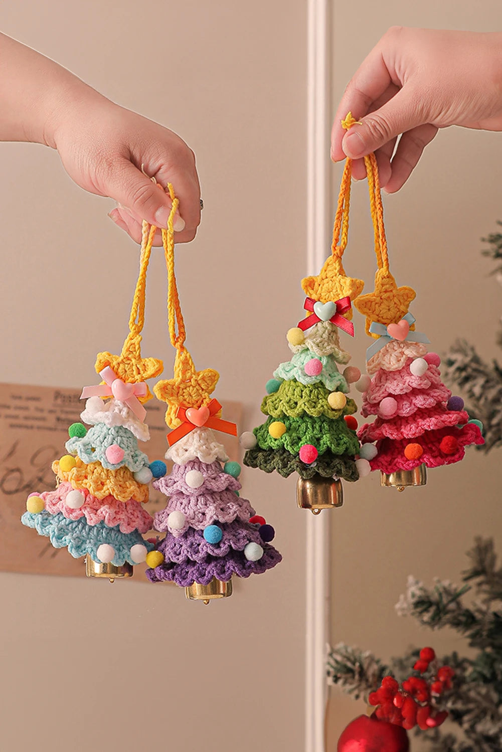 Spinach Green Handmade Crochet Christmas Tree Jingle Bell Home Hanging Decoration