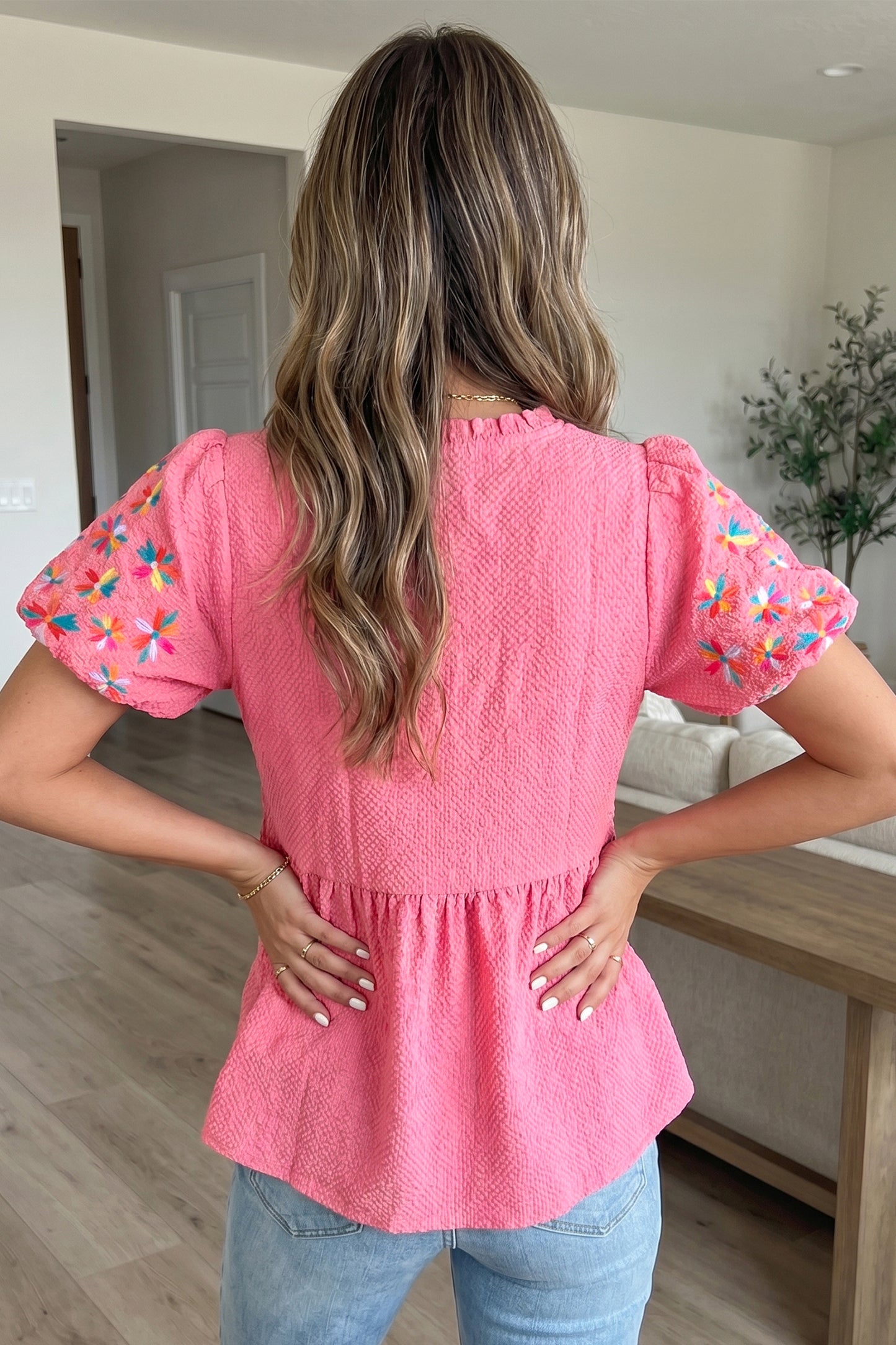 Sachet Pink Frilled V Neck Flower Embroidered Puff Sleeve Textured Blouse