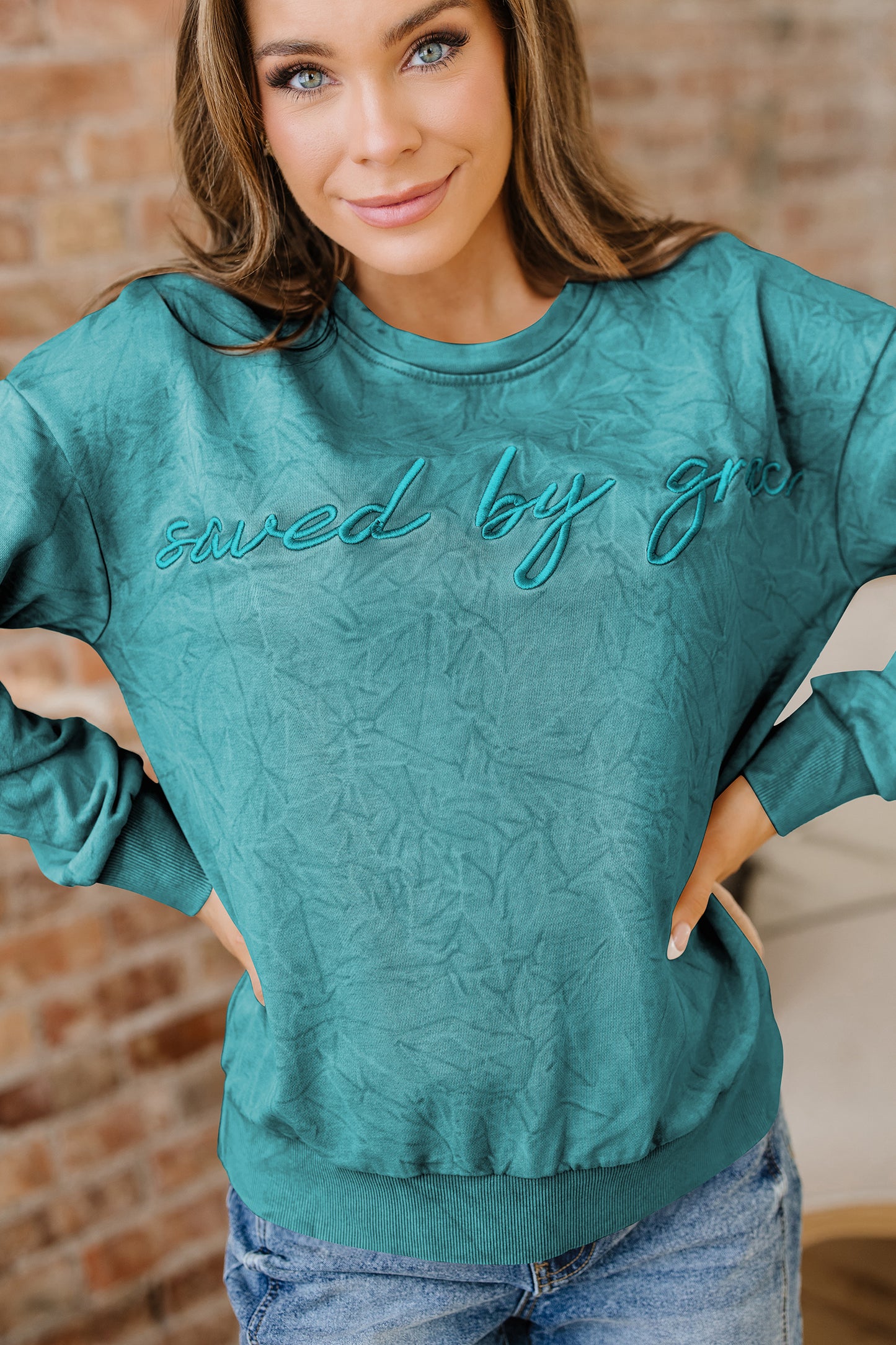 Saved by grace Letter Embroidery Mineral Wash Loose Sweatshirt