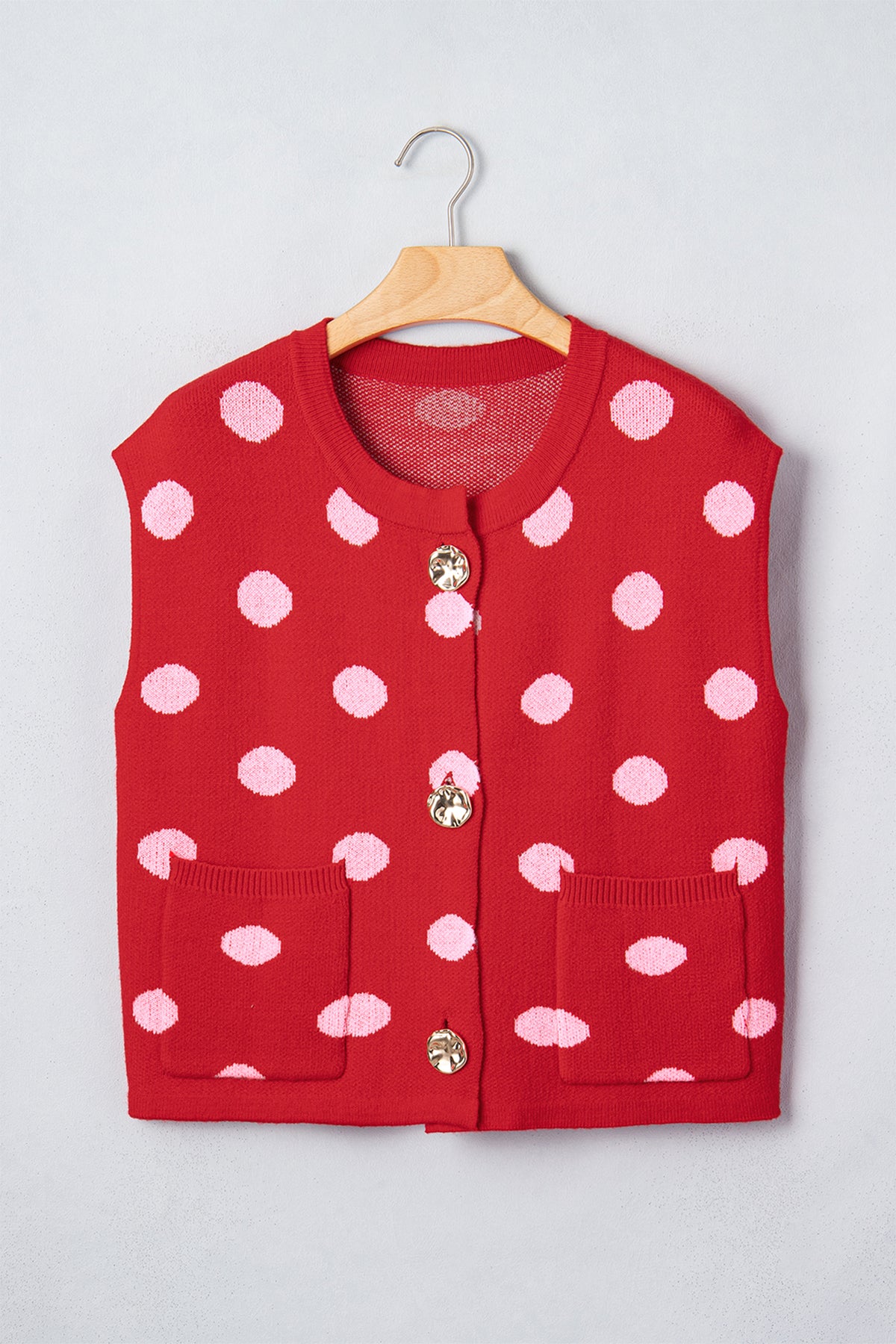 Red Polka Dot Sleeveless Knit Button Drop Shoulder Sweater Vest