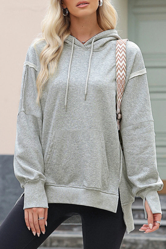 Light Grey Raw Trim Drop Shoulder Kangaroo Pocket Baggy Hoodie