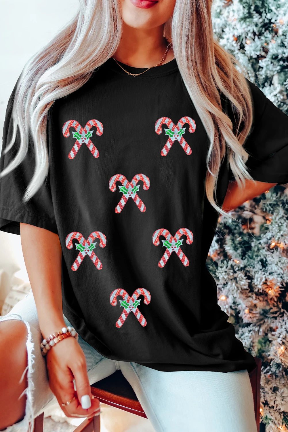 Black Holly Candy Cane Christmas Sequin Graphic T Shirt