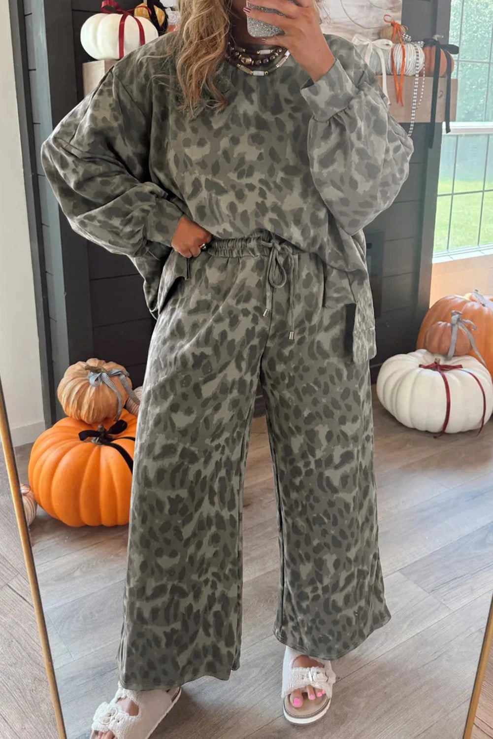 Brown Leopard Print Raw Seam Patchwork Pullover Drawstring Loose Pant Set