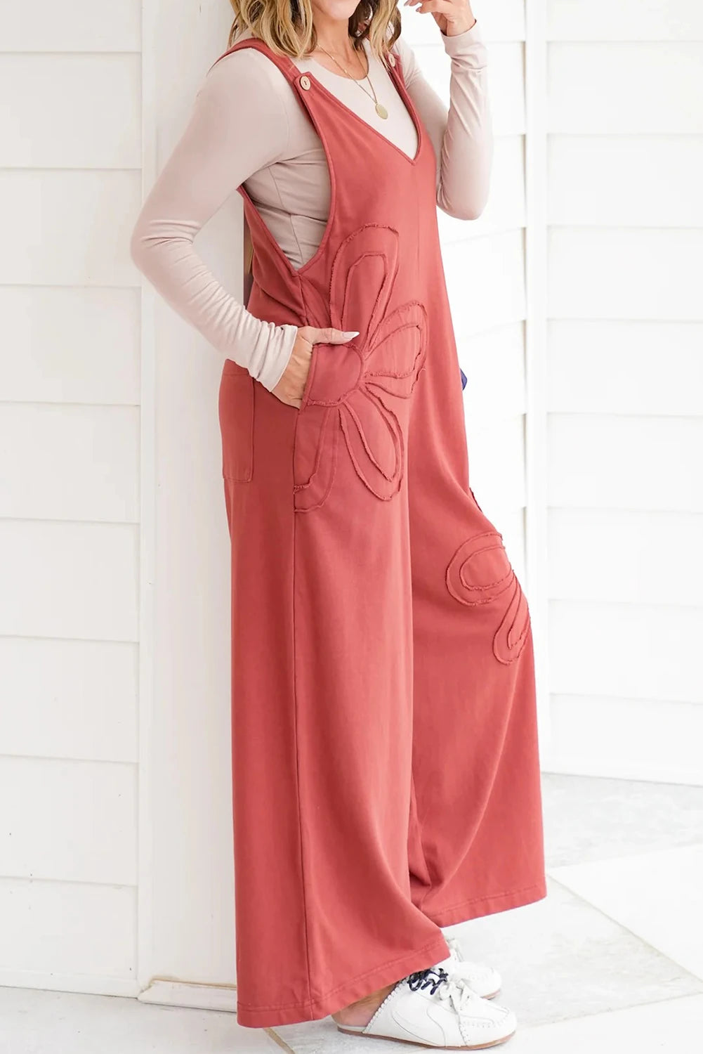 Black Solid Color Raw Seam Big Flower Patched Loose Overall Jumpsuit