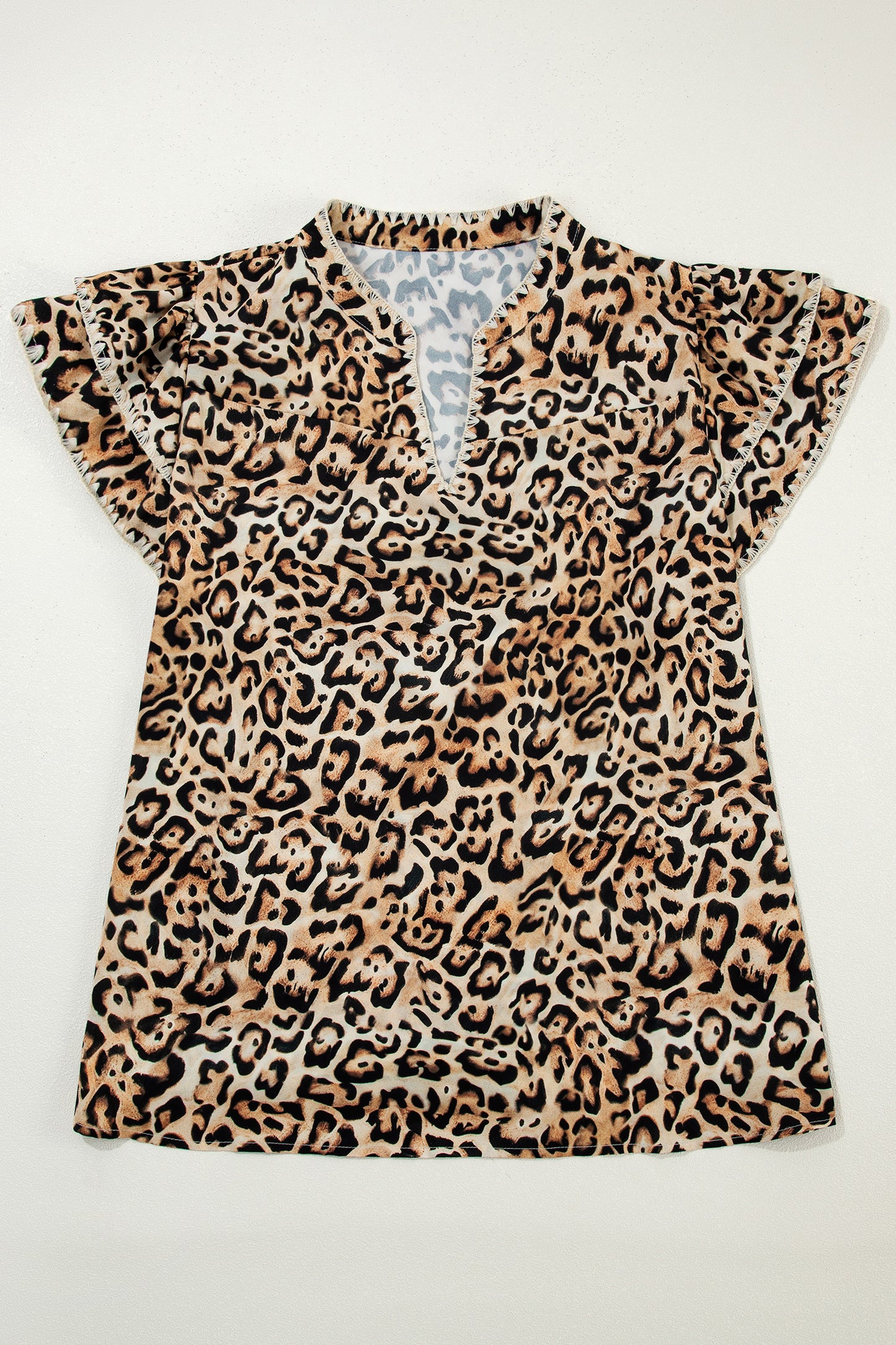 Khaki Plus Size Leopard Print Stitch Detail Ruffled Short Sleeve Blouse
