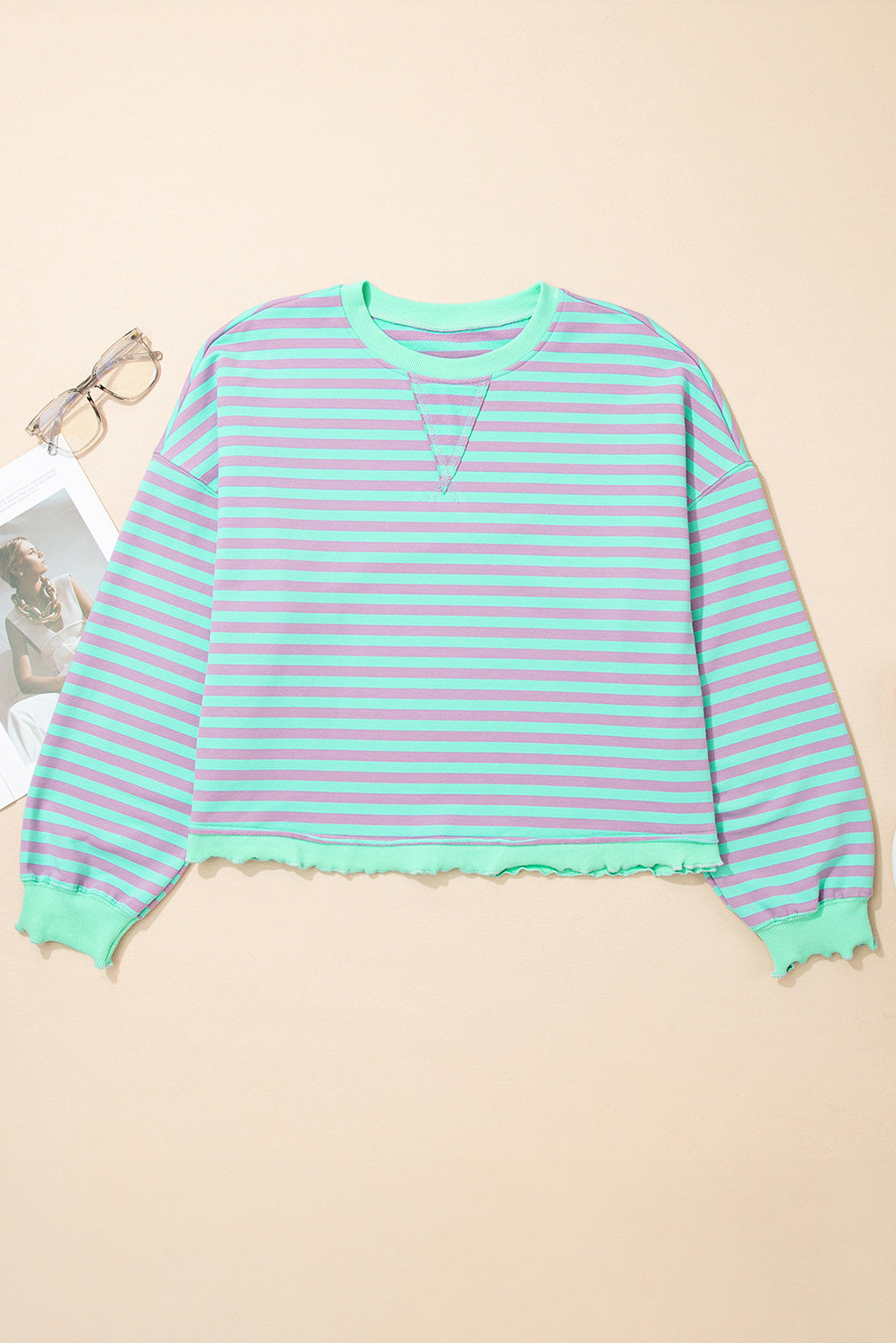 Green Stripe Exposed Seam Contrast Ribbed Trim Oversize Sweatshirt