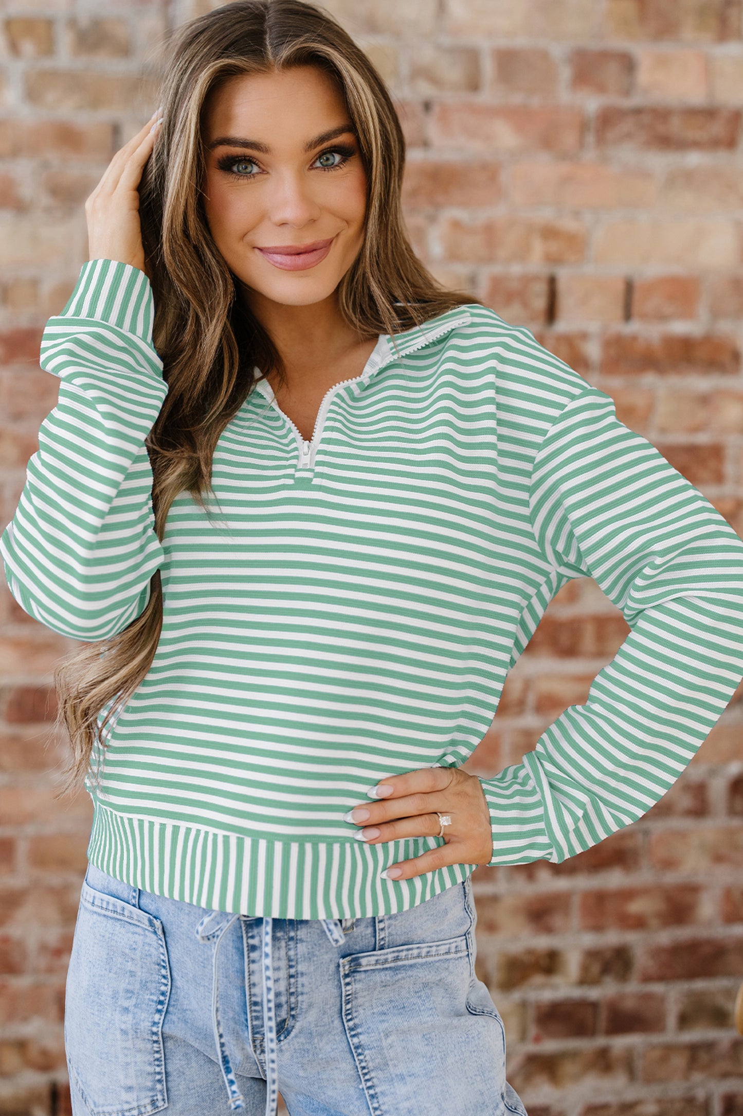 Blue Stripe Quarter Zip Collar Pullover Long Sleeve Top