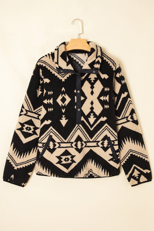 Black Western Aztec Half Zip Plush Sweatshirt