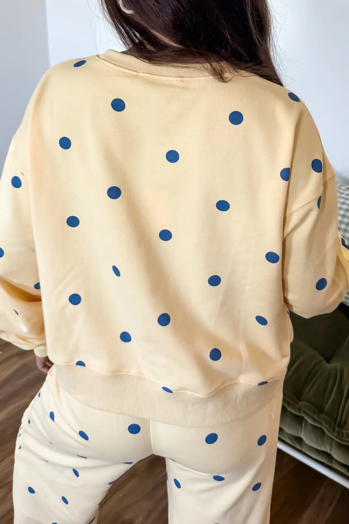 Yellow Polka Dot Long Sleeve Top Patchwork Detail Loose Pant Set