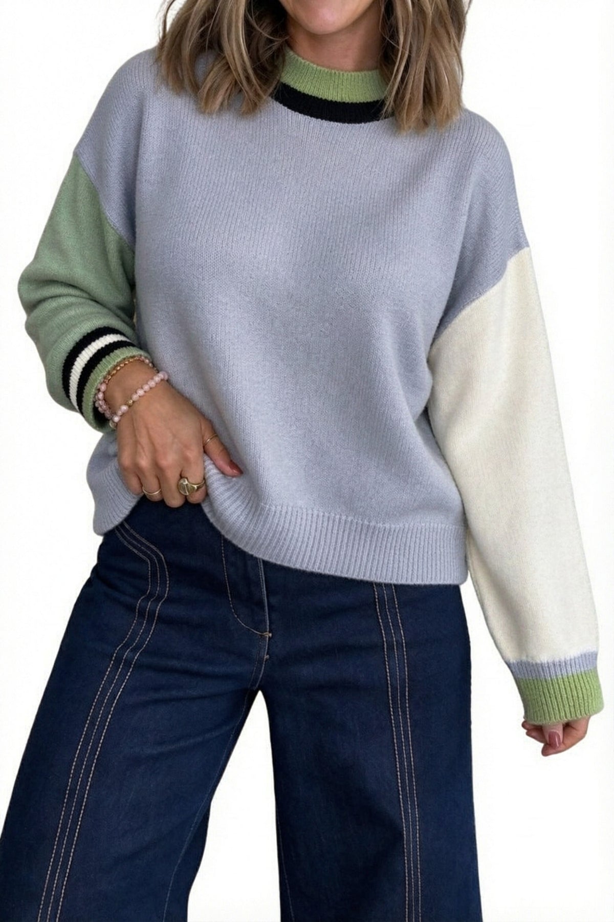 Multicolour Color Block Mock Neck Loose Pullover Sweater