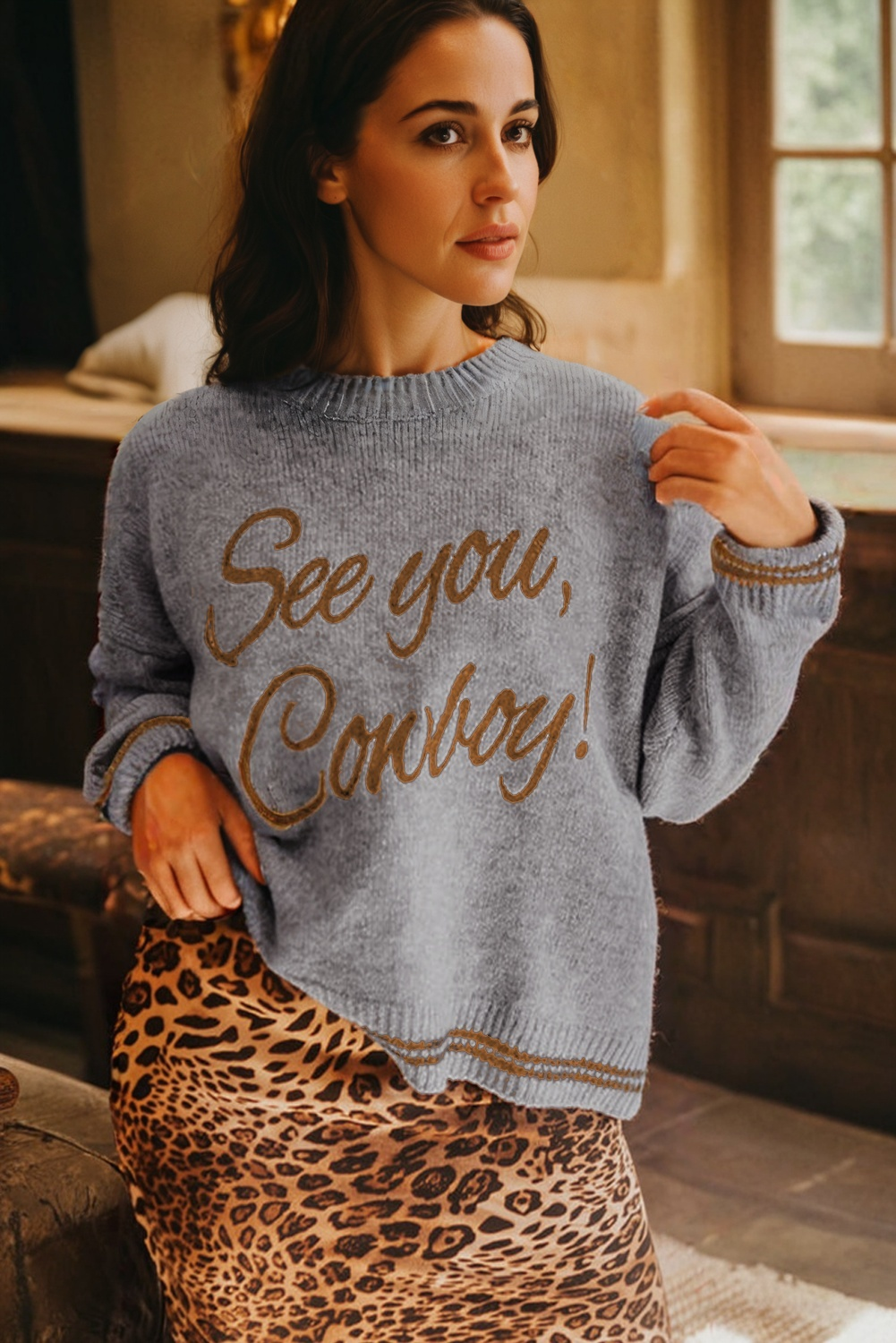 White See You Cowboy Embroidered Western Graphic Sweater